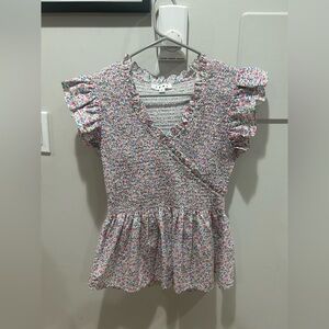 Anthropologie THML Pink Blue Floral Ruched Ruffle Short Sleeve Top Sz Small NWOT